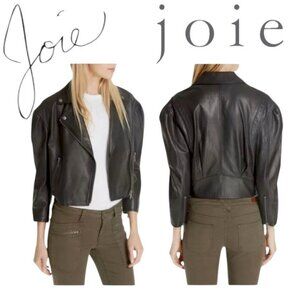 NWT Joie Black Leather Moto Jacket Lambskin Cropped Puff 3/4 Sleeve Biker Jacket